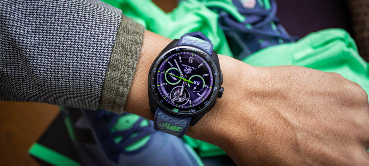 hands on the tag heuer connected calibre e5 new balance edition is a luxury smartwatch for runners 6919856bcd448